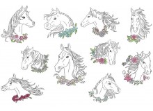 Stickdserie - Blumen Pferde Line Art